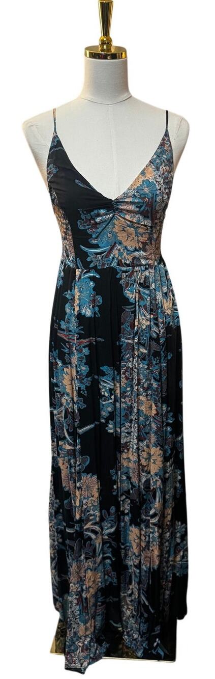 Free People Through The Vine Maxi Dress Black Floral Smocked V-Neck Size S